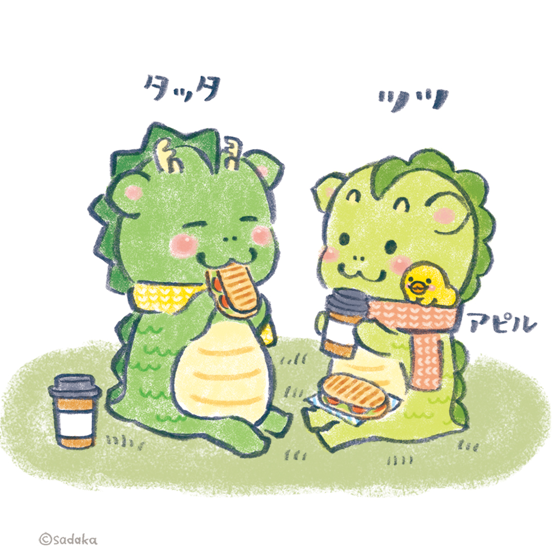 たつのタッタとツツがホットサンドを食べているイラスト